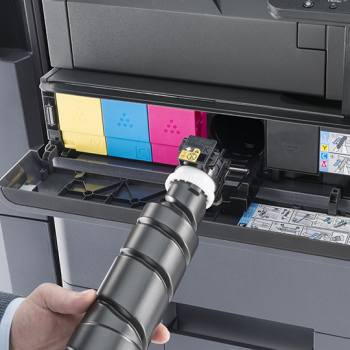 Long-life technology saves resources black toner being plugged into a Kyocera printer